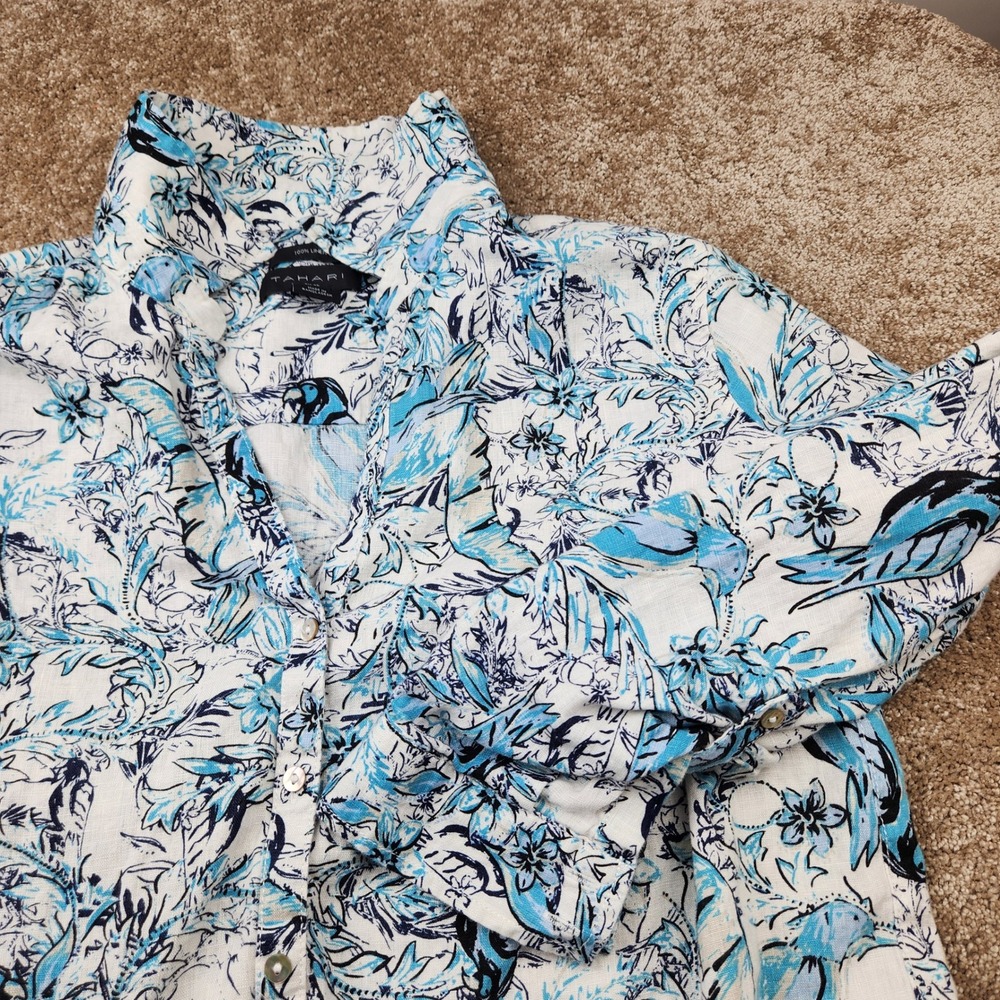 Tahari Women XL Blue White Floral Bird 100% Linen Roll Tab Button Down Shirt